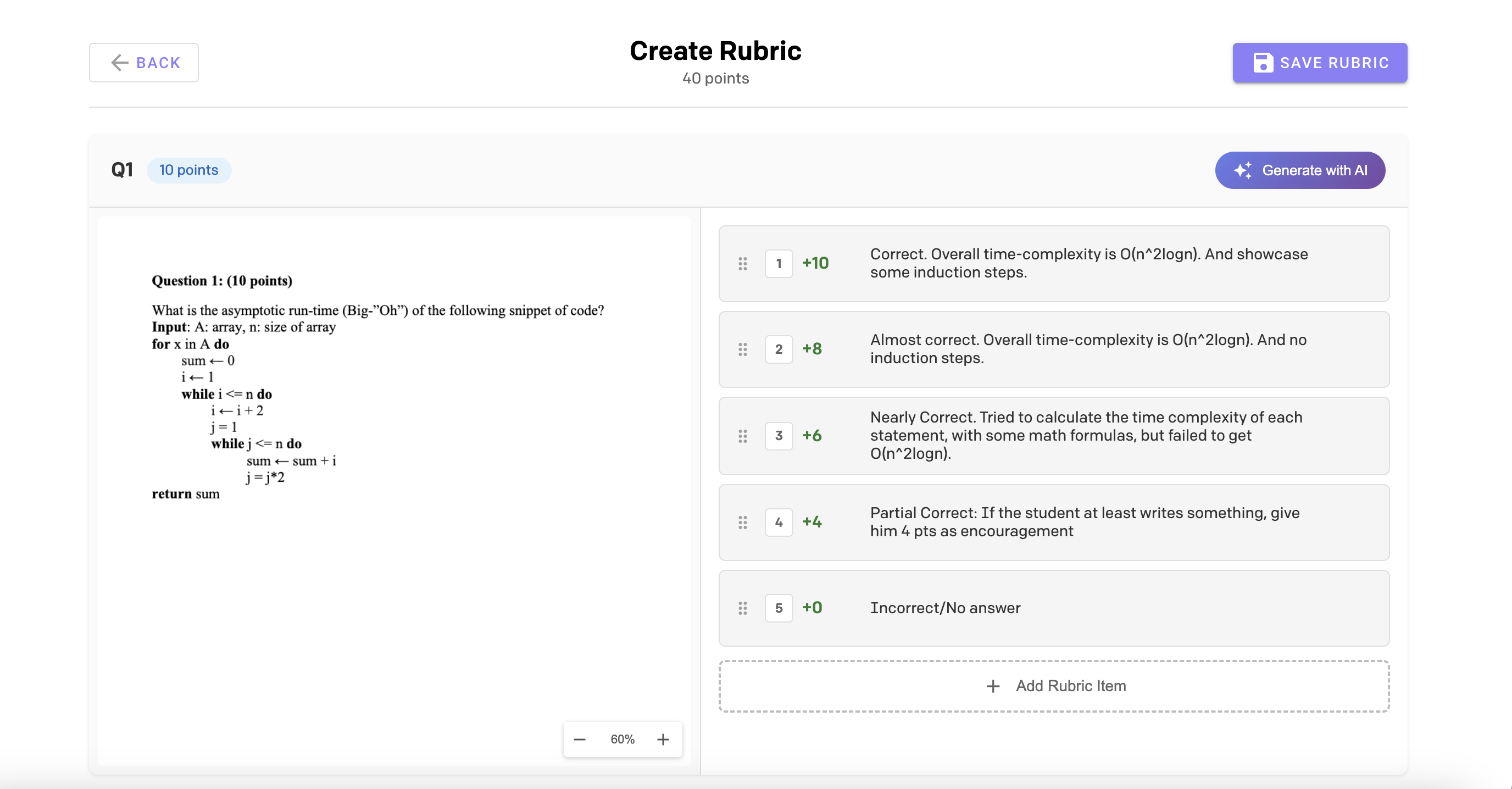 AI-generated rubric with partial credit levels for an exam question