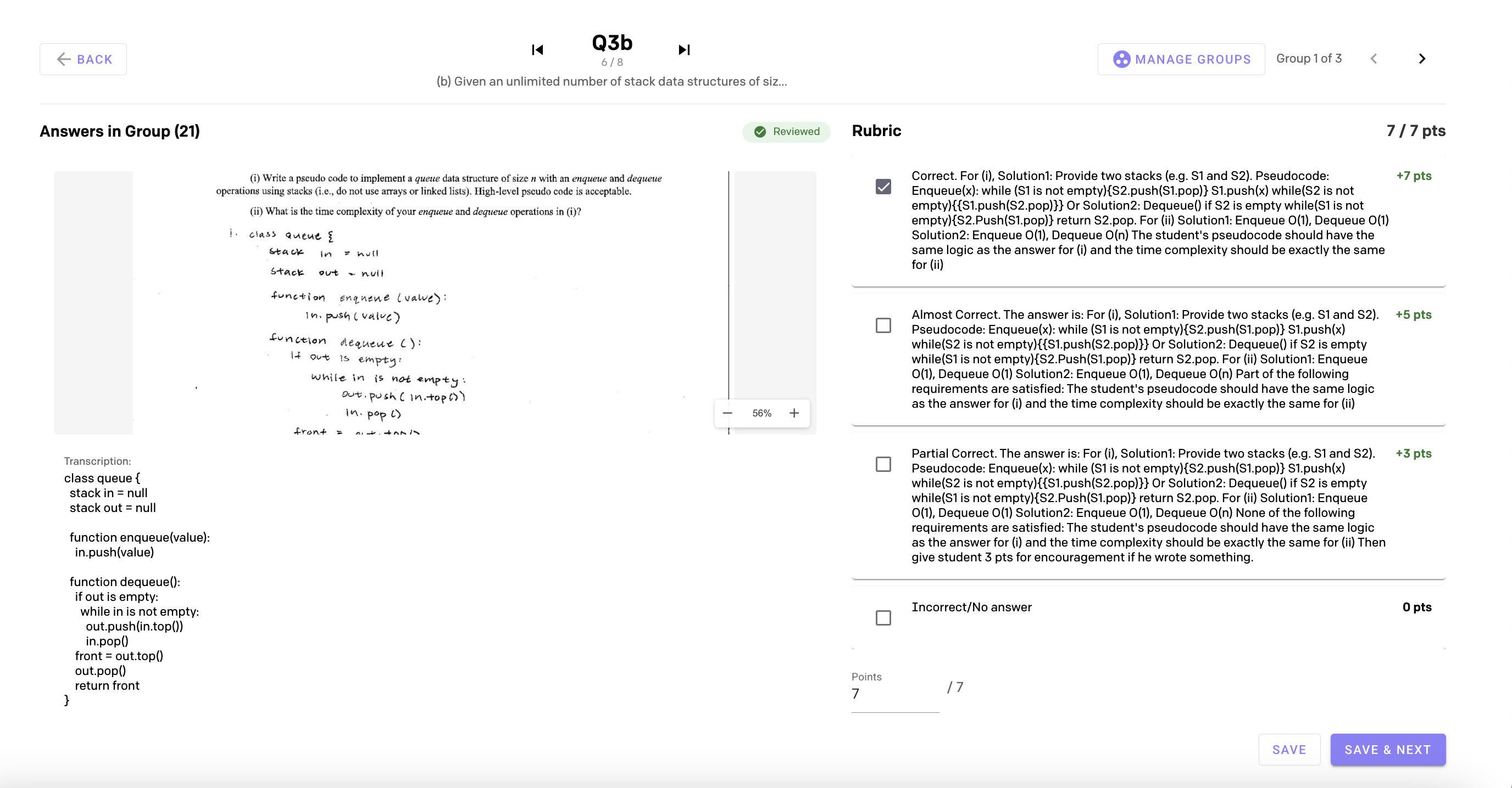 AI grading view showing rubric-based scoring with instructor review