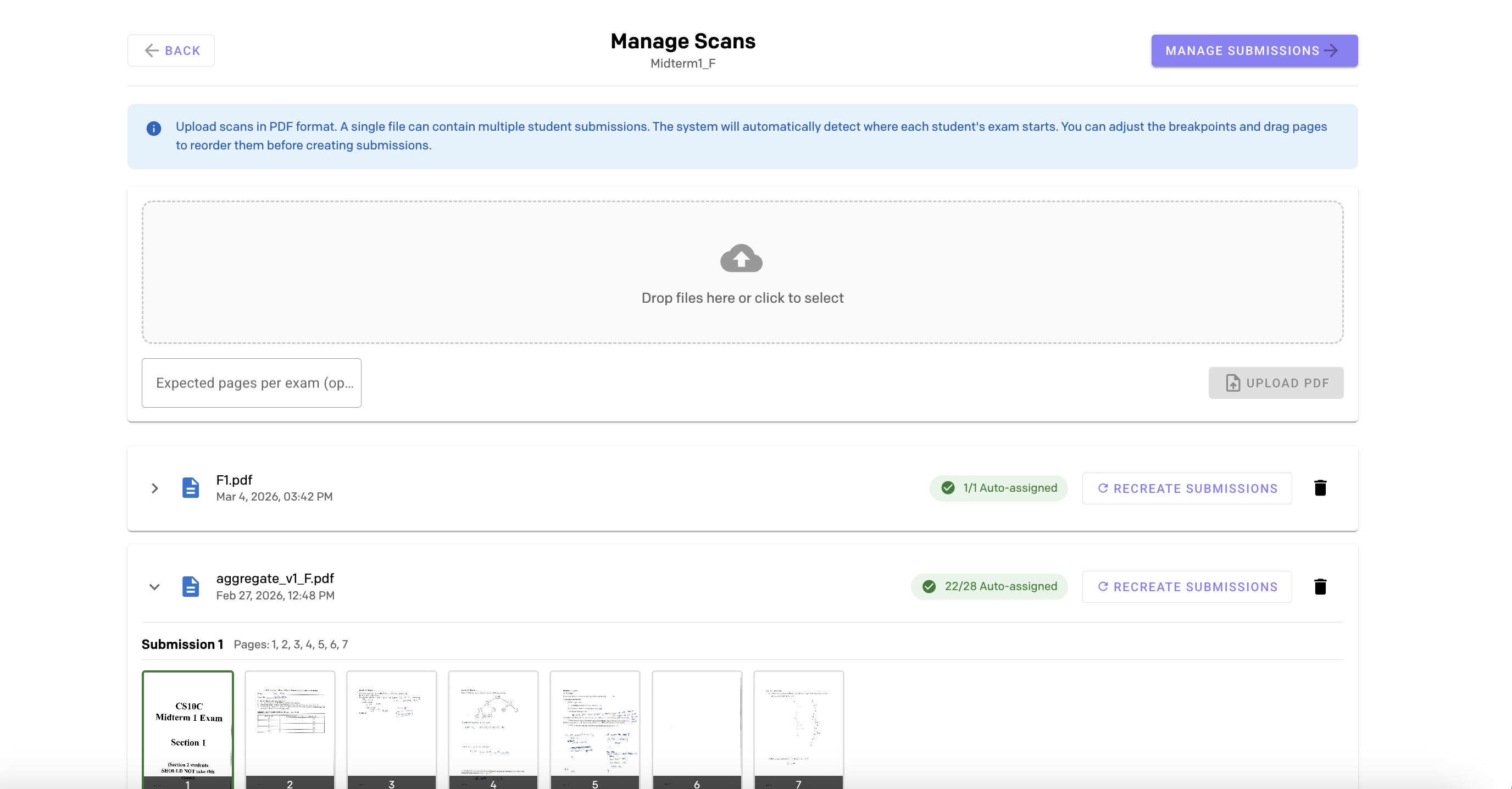 Upload and manage scanned exam PDFs with automatic page detection